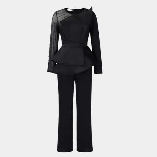 One-Shoulder Peplum Top and Tailored Pants Set