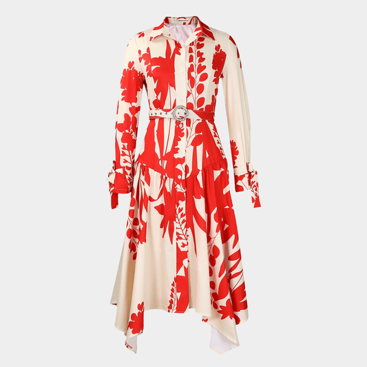 Fluid Printed Dress with Structured Waist Belt