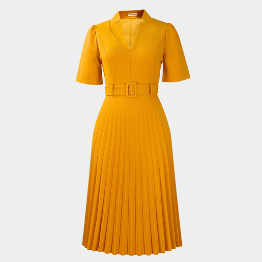 Graceful Pleated Midi Dress with Waist Belt