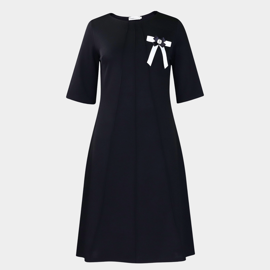 Elegant Straight-Cut Midi Dress with Signature Brooch
