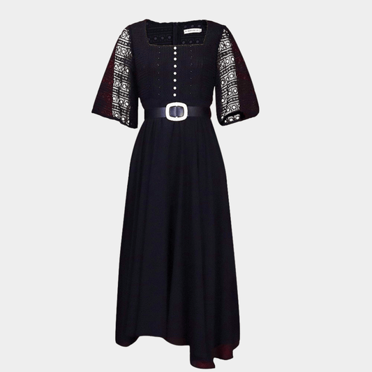 Pleated Midi Dress with Lace Top and Defined Waist Belt