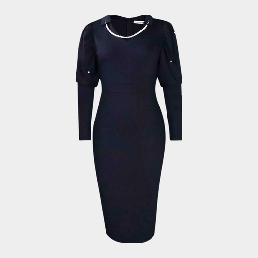 Elegant Midi Dress with Pearl V-Neck Design