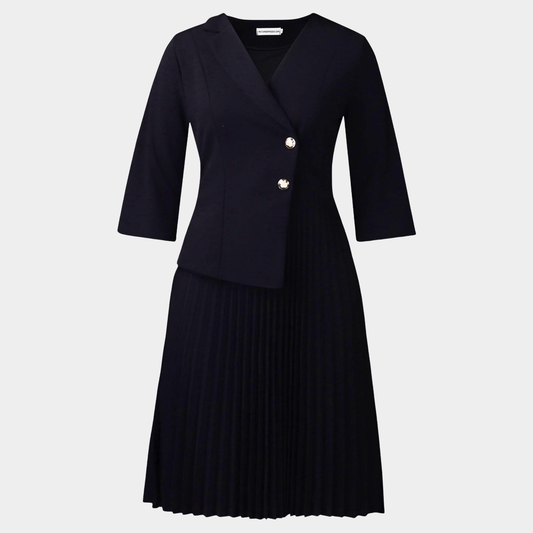 Elegant Work Midi Dress with Structured Top and Pleated Skirt