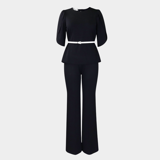 Elegant Peplum Top and Wide-Leg Pants Set with Waist Belt
