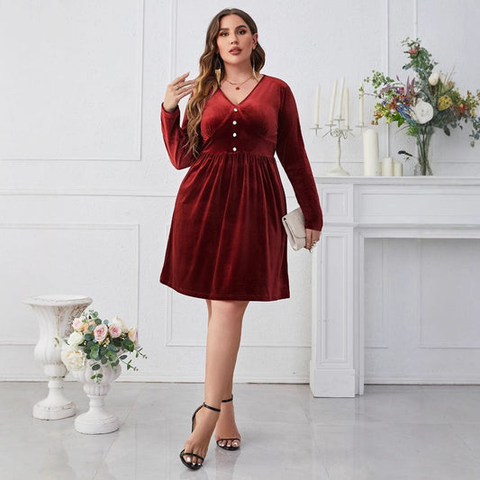 Plus Size Sculpted Waist Velvet Dress with Button Detail