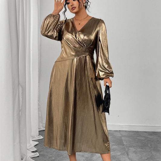 Plus Size Gold Shimmer Wrap Dress with Sculpted Waist