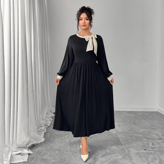 Plus Size Long Sleeve Dress with Decorative Bow Front