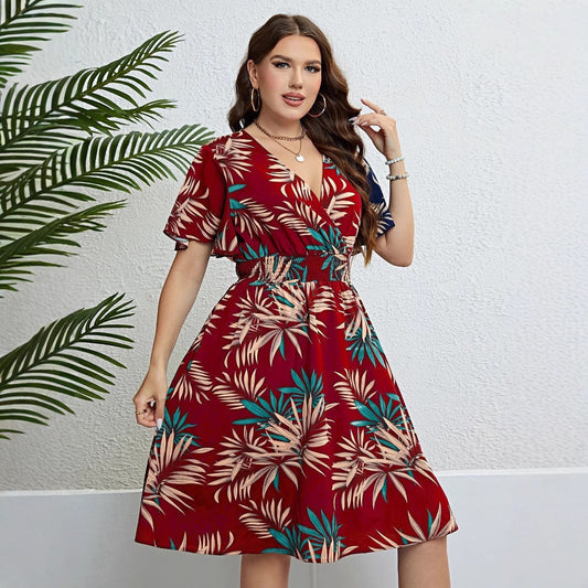Plus Size Elegant Palm Print Wrap Dress