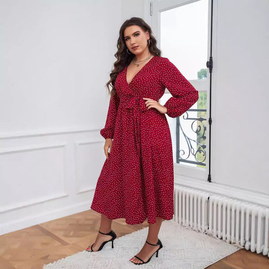 Plus Size Red Long Sleeve Wrap Dress with Polka Detail