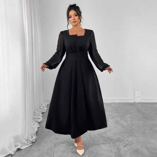 Plus Size Elegant Square Neck Long Sleeve Midi Dress
