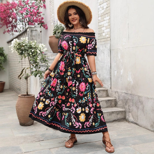 Plus Size Black Floral Off Shoulder Maxi Dress