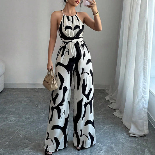 Elegant Printed Halter Neck Wide Leg Jumpsuit