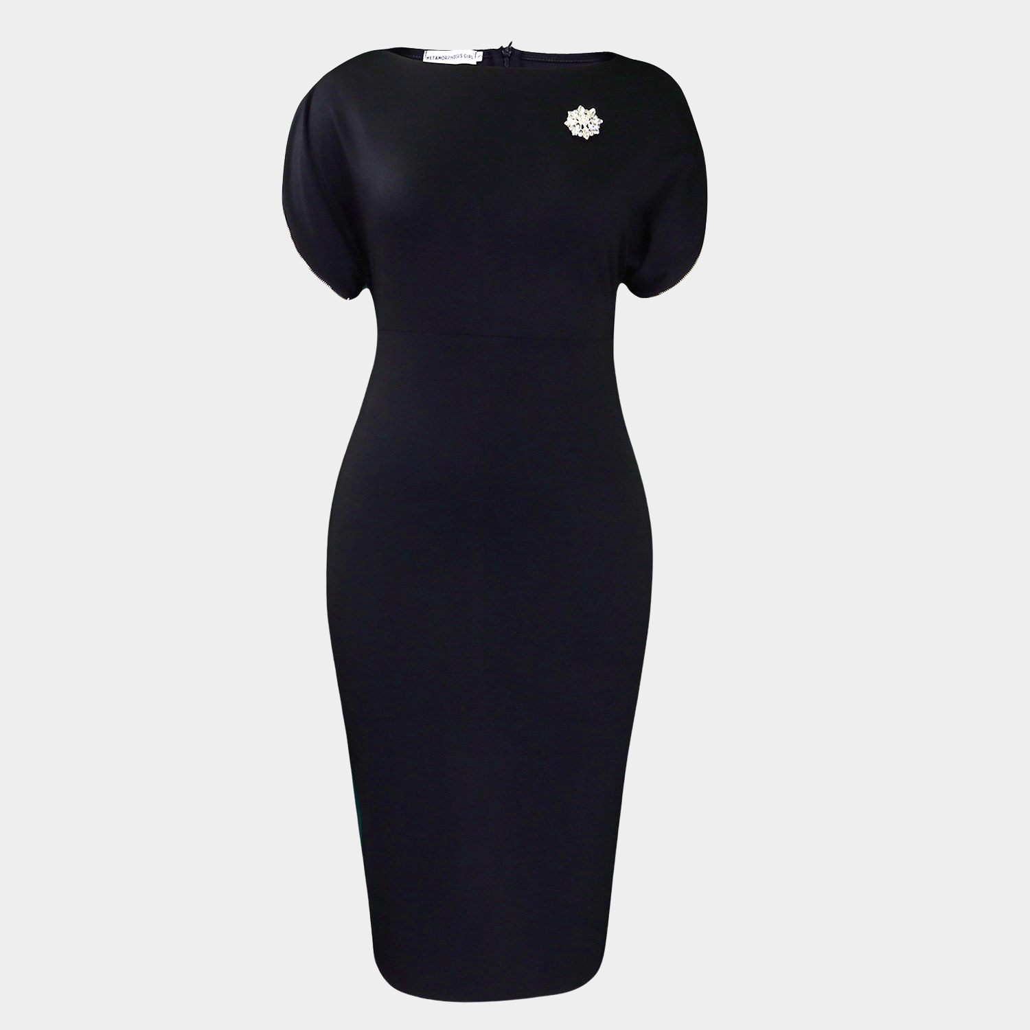 Body-Shaping Midi Dress with Decorative Brooch