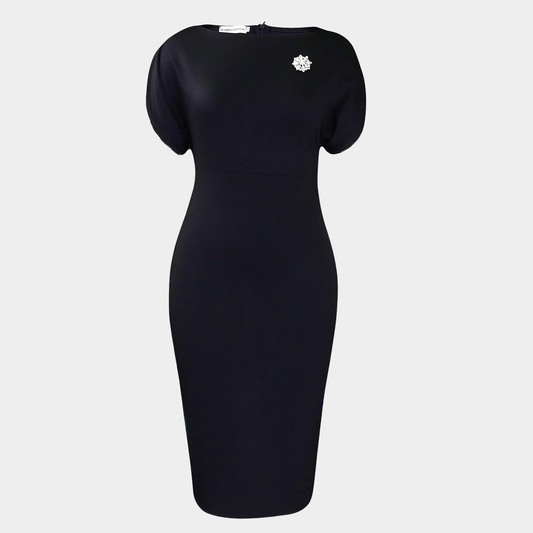 Body-Shaping Midi Dress with Decorative Brooch