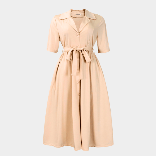 Button-Front Midi Dress with Waist Tie