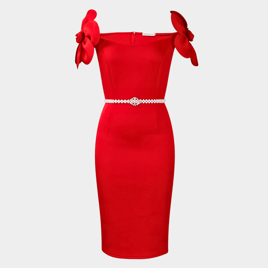 Off Shoulder Midi Dress with Sculpted Fit and Pearl Waist Belt