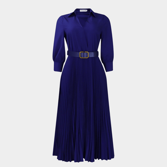 Elegant Long Pleated Dress with Belt