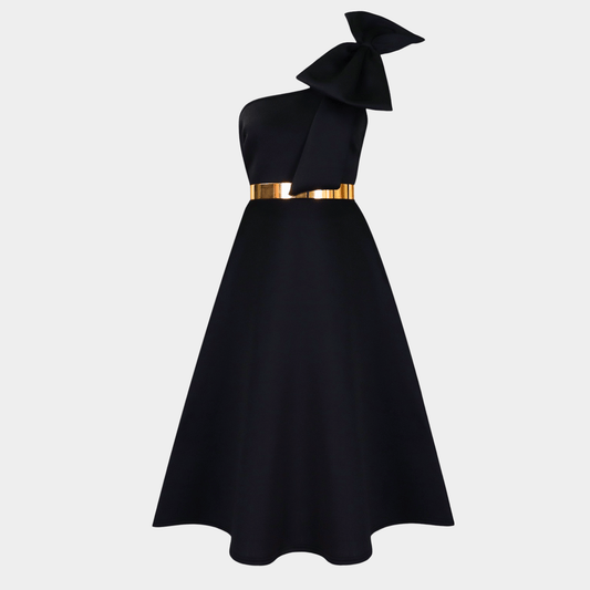 One-Shoulder Sculpted Midi Dress with Gold Waist Belt