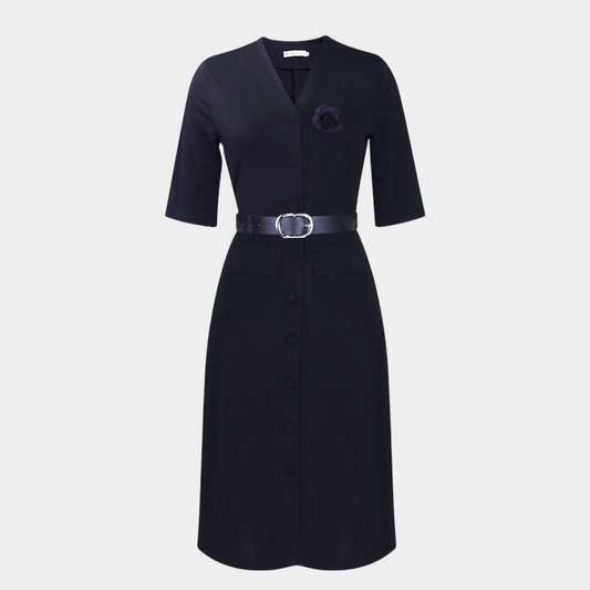 Tailored Midi Dress with Floral Accent and Belted Waist