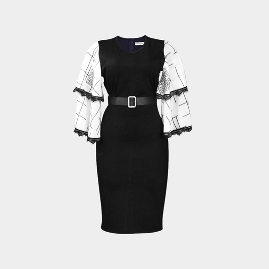 Midi Dress with Artistic Sleeves and Belted Waist