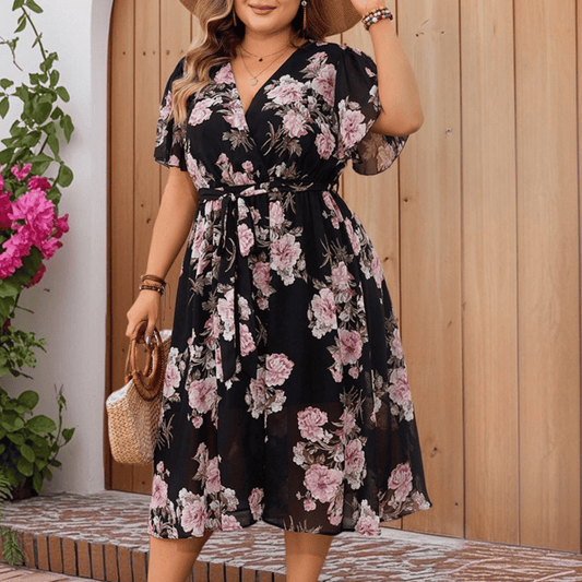 Plus Size Flowing Floral Wrap Dress with Short Sleeves