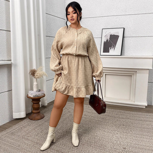 Plus Size Relaxed Fit Textured Dress with Long Sleeves