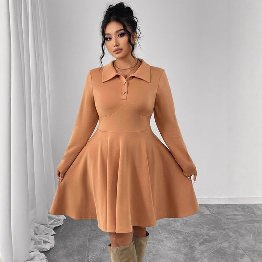 Plus Size Button Front Collared Flared Midi Dress
