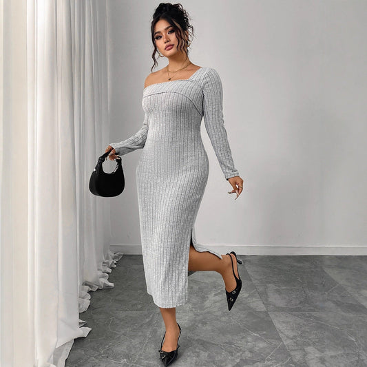 Plus Size One Shoulder Gray Ribbed Midi Dress