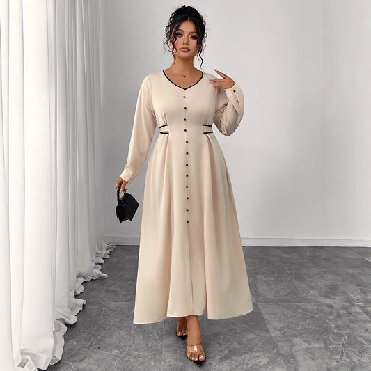 Plus Size Long Sleeve Maxi Dress with Button Detail and Shaped Waist