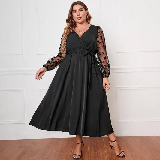 Plus Size Luxe Wrap Dress with Embroidered Transparency