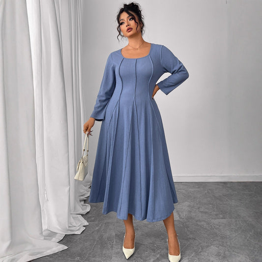Plus Size Blue Sculpted Panel Midi Dress with Flared Skirt