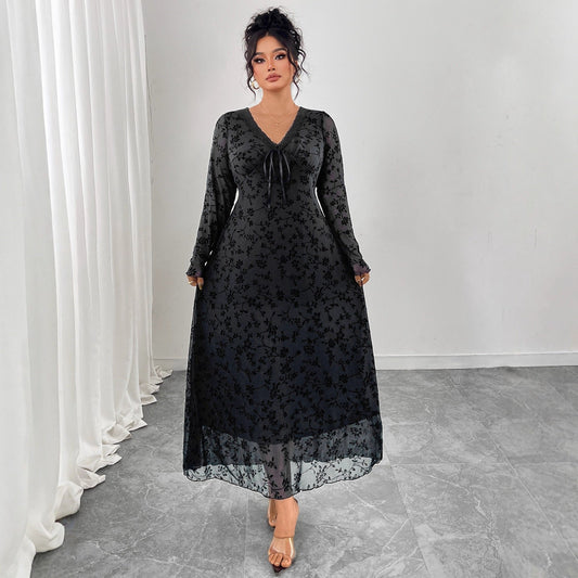 Plus Size Floral Mesh Long Sleeve Maxi Dress