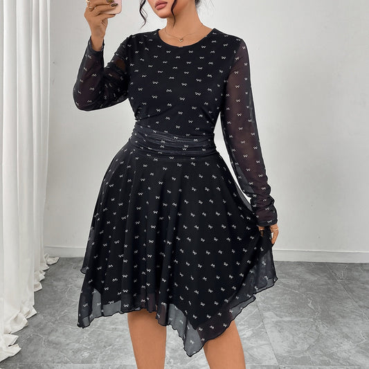 Plus Size Elegant Printed Long Sleeve Midi Dress