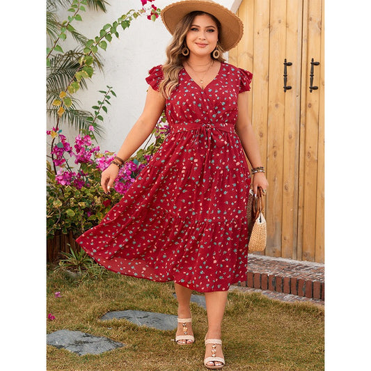 Plus Size Red Casual Floral Midi Dress with Waist Tie
