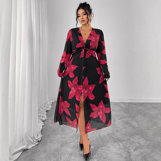 Plus Size Black Red Floral Long Sleeve Midi Dress