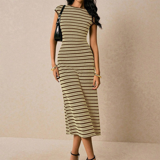 Elegant Striped Cap Sleeve Midi Dress