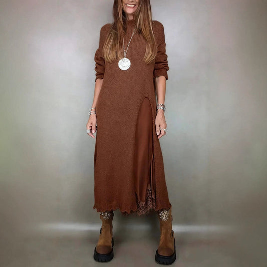 Long Sleeve Knit Maxi Dress with Side Slit